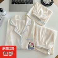 柏姬然圓點刺繡KT貓三件套裝睡衣女款薄夏季純棉短袖學(xué)生開衫棉綢 R8934 L