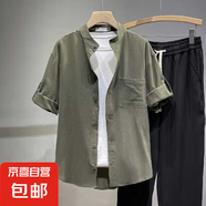 左斯客夏季亞麻風(fēng)襯衫男七分袖中國風(fēng)短袖襯衣秋季長袖日系潮流寬 軍綠色 C1020 2XL