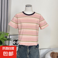 百搭減齡簡約撞色休閑條紋T恤寬松顯瘦純棉短袖女裝上衣#YH1130 粉紅色 XL （105-115斤）