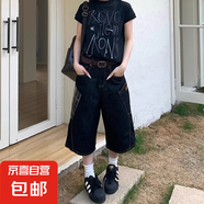 美式小眾設計感格紋拼接牛仔褲女2025夏季休閑百搭直筒七分中褲子 黑灰色 【MY-5231】 2XL