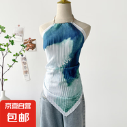 油畫上衣女夏季新款海邊度假辣妹掛脖吊帶小背心短款小上衣絲巾 DD7001-油畫藍(lán) 均碼