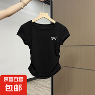 純棉螺紋短袖t恤女設計感褶皺夏季新款修身收腰顯瘦正肩上衣女885 黑色0245蝴蝶結印花 L 建議100-110斤