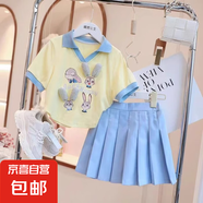 女童夏裝套裝裙多巴胺穿搭2025新款洋氣夏季中大童短袖褲子兩件套 藍色裙子套裝 110