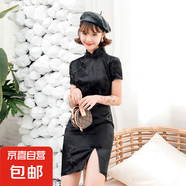 短款梅花旗袍女中國風(fēng)復(fù)古短袖連衣裙改良演出服民國表演服J145 黑色 2XL （125-135斤）