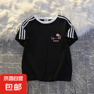女童純棉短袖t恤夏季新款卡通童裝寬松洋氣中大童三條桿半袖上衣 黑色-Kitty貓 120