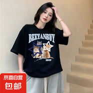 100%純棉美式oversize新款短袖夏季寬松ins港味短袖t恤上衣潮JTY 黑色 【星星貓咪印花】 L 【建議105-135斤】