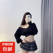 情趣內衣制服誘惑學生jk格子超短裙低領口毛衣套裝百褶裙 黑毛衣+藍格裙 1089 均碼