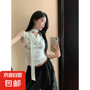 美式甜酷風辣妹掛脖T恤女2025夏修身設計感小眾別致外穿無袖T恤QP 可可女裝R305白色 M