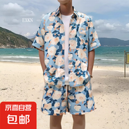 夏威夷襯衫短褲男套裝港風(fēng)夏季薄款海邊度假沙灘短袖花襯衣兩件套 3613藍(lán)（套裝） 4XL