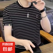 潮牌短袖t恤男士2025夏季薄款條紋半袖潮流百搭圓領(lǐng)上衣體恤衫DM 佐文森T158黑色 XL