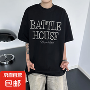 重磅釘珠字母美式復(fù)古短袖T恤男女夏季重磅純棉寬松涼感高街情侶 黑色-T5807 XL