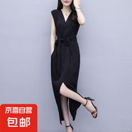 連衣裙2025新款夏季黑色氣質(zhì)名媛V領(lǐng)流行中長款雪紡收腰開叉裙子 黑色 SBY19B0626 M 101-110斤