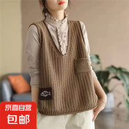 復(fù)古貼標(biāo)V領(lǐng)馬甲針織背心女春季新款大碼寬松休閑套頭馬夾 駝色 均碼