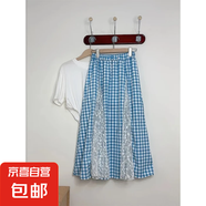 春夏新款韓版寬松高腰橡筋拼接蕾絲設(shè)計(jì)復(fù)古感顯瘦百搭格子半身裙 藍(lán)色(有內(nèi)襯+蕾絲) M 【建議100-110斤】