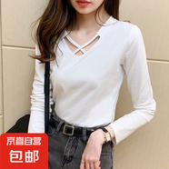 設(shè)計(jì)感長袖t恤女春秋裝2025新款休閑顯瘦純色修身雙V領(lǐng)打底衫上衣 白色 L