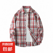 春季新款格子襯衫男士日系潮流寬松休閑外搭翻領(lǐng)長袖百搭外套襯衣 1XM21-CS2373紅色 L