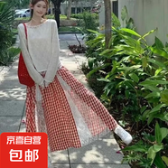 設(shè)計感蕾絲花邊拼接格紋半身裙大碼胖mm高腰顯瘦a字長裙子 紅色(有內(nèi)襯+蕾絲) M 【建議100-110斤】