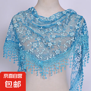 韓版女蕾絲碎花三角巾鏤空透氣包頭紗田園復(fù)古風(fēng)三角披肩防曬頭巾 湖藍(lán)色