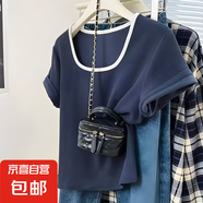 早春新款小眾設(shè)計撞色感顯瘦百搭t恤法式方領(lǐng)拼接正肩短袖t恤女 R283-藏青色 XL 建議115-130斤