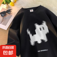 夏季短袖T恤男寬松潮牌港風高街印花上衣體恤重磅情侶五分半袖 汐網(wǎng)批B1243黑色 薄款 XL 【120-135斤】