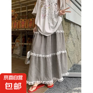 重工蕾絲拼接格子蛋糕裙女春夏季溫柔高腰垂感半身裙a字長裙 黑白格 M