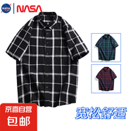NASALIKE格子襯衫男士潮牌復古帥氣寬松短袖襯衣美式休閑半袖 黑色 -NASA-S111短襯 XL