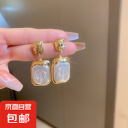 銀針大珍珠圓圈耳環(huán)時尚小眾夸張氣質高級感耳釘法式復古百搭耳飾 40#銀針-金色珍珠方形