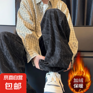 燈芯絨褲子男ins潮流秋冬季闊腿休閑美式青少年直筒扎染休閑長褲 黑色（加絨款） M 建議80-95斤
