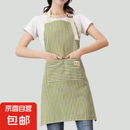 卡慕樂圍裙家用工作時尚條紋棉麻圍裙家用工作服 廚房罩衣 綠色 均碼
