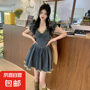 減齡氣質(zhì)設(shè)計感流蘇百褶裙牛仔連衣裙女夏季新款收腹顯瘦背帶短裙 藍(lán)色泡泡袖牛仔連衣短裙單件 2XL