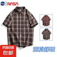 NASALIKE格子襯衫男士潮牌復(fù)古帥氣寬松短袖襯衣美式休閑半袖 咖啡色 -NASA-S109短襯 L