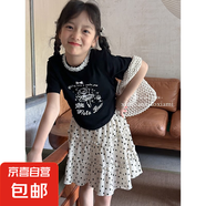 2025夏季新款女童蕾絲袖T恤女團風黑白灰色半袖上衣a4 黑色-蕾絲領T 80 cm