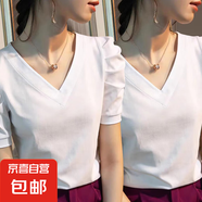 短袖t恤女2025新款夏純棉純色泡泡袖上衣V領(lǐng)修身顯瘦正肩爆款體恤 K7-白色+白色 2XL 建議125-135斤
