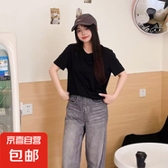 正肩五分短袖t恤女夏2025新款純色寬松顯瘦圓領(lǐng)寬松百搭女裝T恤 五分袖純色T恤黑色 L