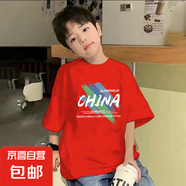 男童夏裝T恤2025新款中大童男孩韓系寬松短袖夏季帥氣純棉上衣潮 紅色 2439 160