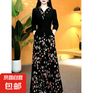 假兩件連衣裙女時尚長袖V領拼接顯瘦碎花中長款裙媽媽裝 黑色 有口袋 3XL 3XL120-135斤