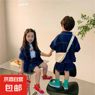 男童女童夏季牛仔套裝2025新款兒童裝帥氣短袖時(shí)髦薄款男寶寶夏裝 翻領(lǐng)牛仔套裝 90 建議身高80-90cm