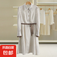 品牌折扣店撤柜女裝【寵】淑女印花綁帶翻領(lǐng)連衣裙2025春裝新款 米咖花 M