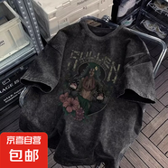 重磅短袖t恤男夏季美式復古潮牌做舊水洗情侶男裝體恤上衣潮 黑灰色 DS465 L