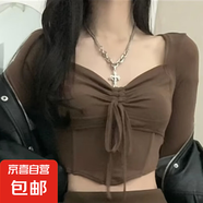 2024歐美秋冬女裝ins潮牌網(wǎng)紅辣妹掛脖魚(yú)骨方領(lǐng)性感露臍顯瘦T恤女 棕色上衣 L