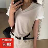 冰感純棉小馬標(biāo)V領(lǐng)短袖白t恤女夏季新款寬松簡約體恤正肩上衣短T 冰感純棉V領(lǐng)-白色 M 參考90-100斤