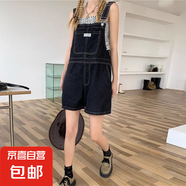 減齡氣質設計感小眾牛仔背帶短褲女2025夏季薄款洋氣顯瘦連體褲潮 黑色徽章背帶短褲單款 XL