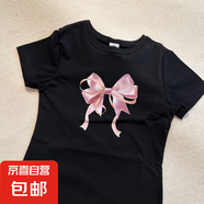 2024早春新品圓領(lǐng)蝴蝶結印花短袖T恤韓國同款休閑寬松百搭T恤 黑色粉蝴蝶 M