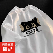 【重磅純棉】短袖t恤時尚印花白上衣情侶裝男女同款寬松潮流半袖 白色貓咪字母 3XL 【155-170斤】
