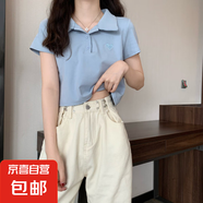 棉上衣新款設計感小眾t恤女短款上衣夏季刺繡短款短袖Polo領 天藍 XL