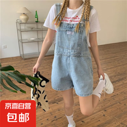 減齡氣質(zhì)設(shè)計(jì)感小眾牛仔背帶短褲女2025夏季薄款洋氣顯瘦連體褲潮 藍(lán)色徽章背帶短褲單款 XL