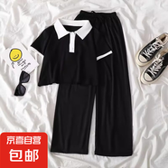 【女童夏裝套裝】短袖t恤褲子初中生兒童夏季2025新款大童學院 黑衣+黑色 160