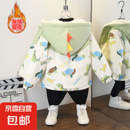 寶寶秋冬新款時尚撞色連帽外套女童洋氣字母印花加絨棉衣 拼接恐龍加絨外套綠色 110