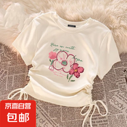 新中式女童純色短款上衣夏季兒童洋氣薄半袖中大童抽繩設(shè)計(jì)款短袖 白色 四花瓣 160
