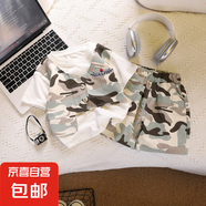 【迷彩兩件套】男童夏季時(shí)髦套裝新款迷彩假兩件寶寶短袖衣服 淺藍(lán)色 80